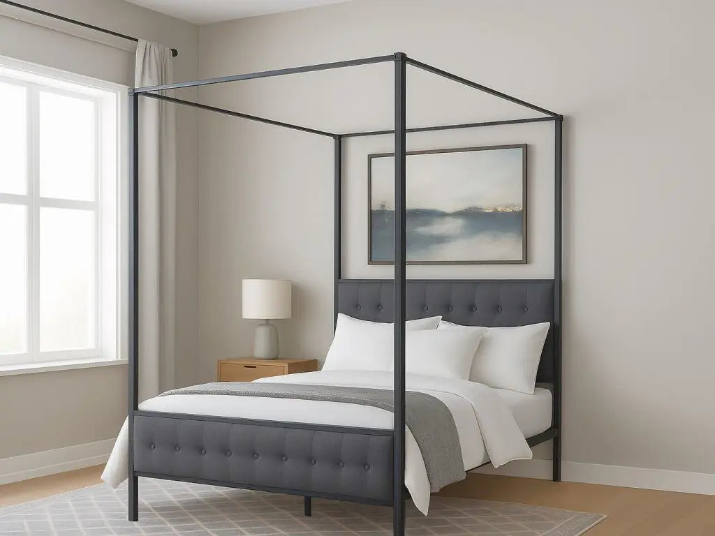 Sydney 4 Poster Metal Bed Frame, black Metal, Gray Fabric.